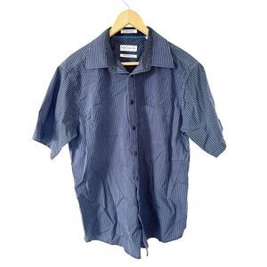 Guy Laroche Vtg Navy Black Stripe Modern‎ Fit Cotton Short Sleeve Dress Shirt